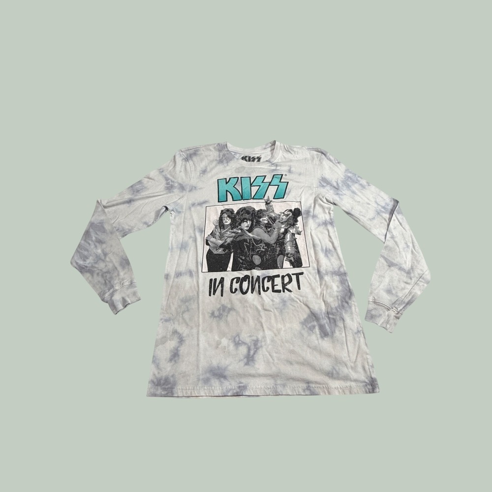 KISS In Concert Graphic Long Sleeve Tie Dye Shirt Grey White Band Tee Small